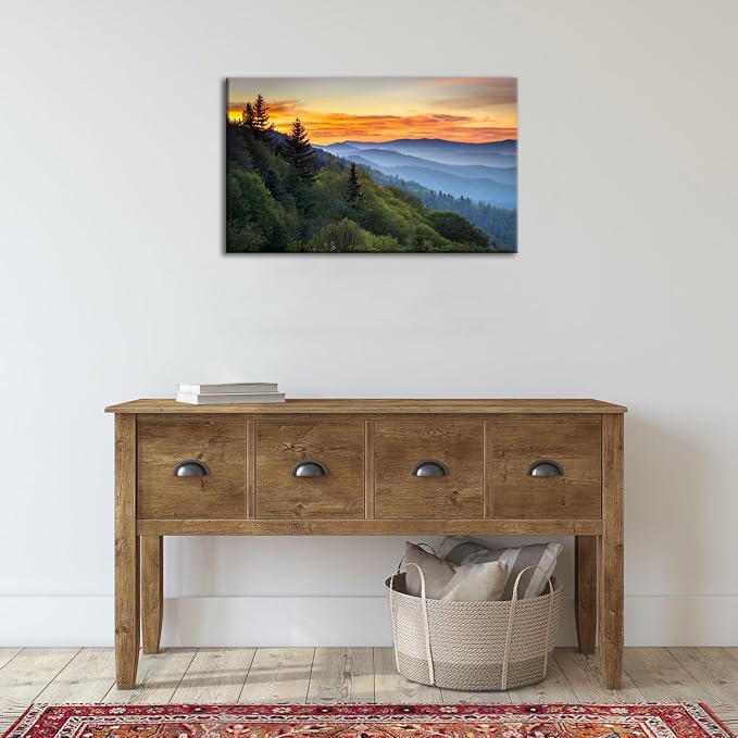 Nature Mountain Wall Art Foggy Forest Wall Decor for Living Room Sunset Blue Ridge National Park Landscape Poster Tennessee Misty Pine Tree Scenic Painting Artwork Office Kitchen Home Decoration 16x24