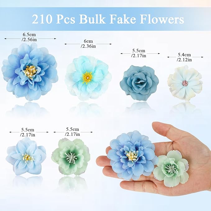 ATTGREAT 210 Pcs Mini Silk Flower Heads Small Fake Rose Daisy Faux Flowers Bulk for Crafts Artificial Loose Fabric Flowers Heads Sunflower Bulk for Wedding Hair Cap Dresses Decorations (Blue)