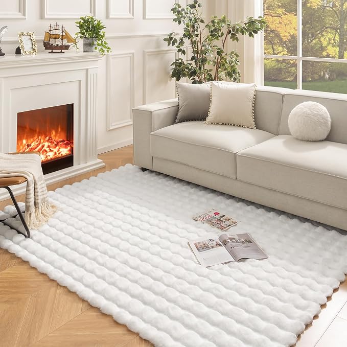 Ashler Faux Rabbit Fur Rug, White 6x9 FT Fluffy Soft Runner Area Rugs, Rectangle Fuzzy Carpet for Living Room, Bedroom, Machine Washable - 3D Bubble Mat