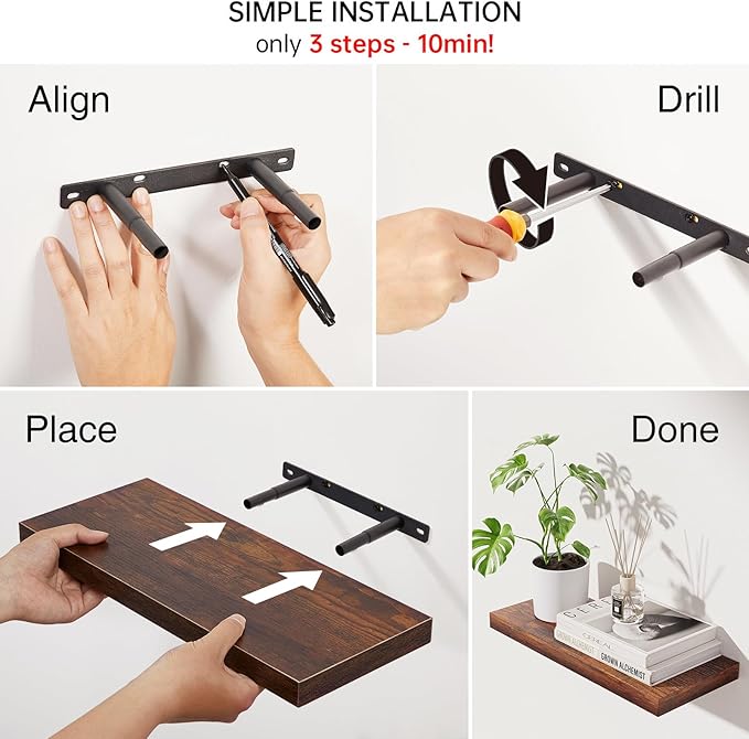 BAYKA Floating Shelves Bathroom for Wall – Shelf Over Toilet Farmhouse Rustic Wood for Bedroom, Kitchen, or Living Room Decor Organization, Bathroom Decor Shelves – Rustic Brown, Set of 3