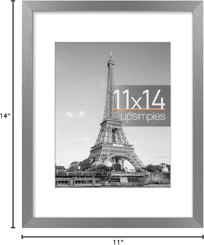 upsimples 11x14 Picture Frame, Display Pictures 8x10 with Mat or 11 x 14 Without, Wall Hanging Photo Frames, Metallic Gray, 1 Pack