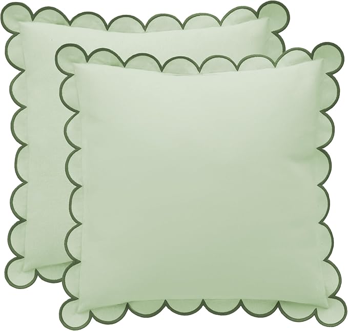 BEBE BASK Green Scalloped Pillow Cover - Set of 2-18 x 18 Inch - Scallop Pillow Cover - Scalloped Pillows - Scallop Pillows - 100% Cotton - Grandmillennial Style (Moss Green)