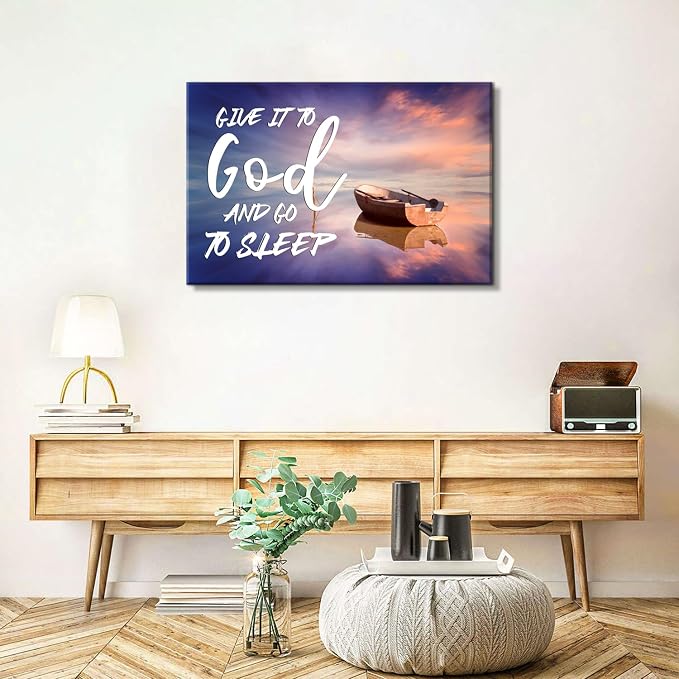 Give it to God and Go to Sleep Canvas Wall Art Christian Quotes Wall Decor Beach Themed Religious Pictures Prints Artwork Bedroom Kitchen Painting Christian Bible Verse Artwork Home Decorations 24x36"