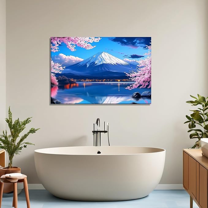 Japanese Wall Art Asian Landscape Canvas Prints Mount Fuji Picture Pink Cherry Blossom Trees Painting Nature Posters for Bathroom Living Room Wall Decor Framed - 24.00x36.00 inch
