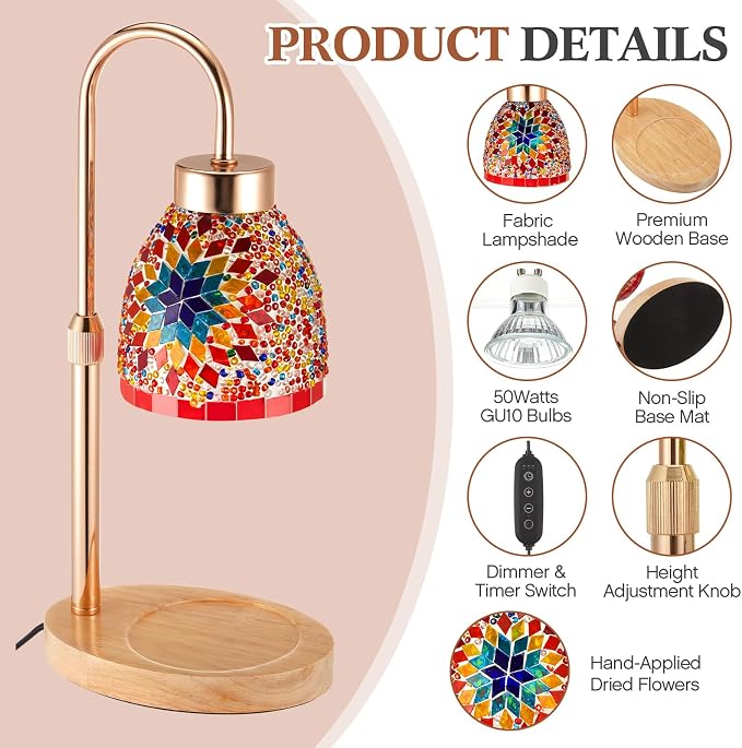 Baquler Turkish Candle Warmer Lamp with Timer Electric Dimmable Candle Warmer Turkish Table Lamp Adjustable Height Moroccan Decor Lighting for Women Mom Birthday Gifts Bedroom Home Office Decor