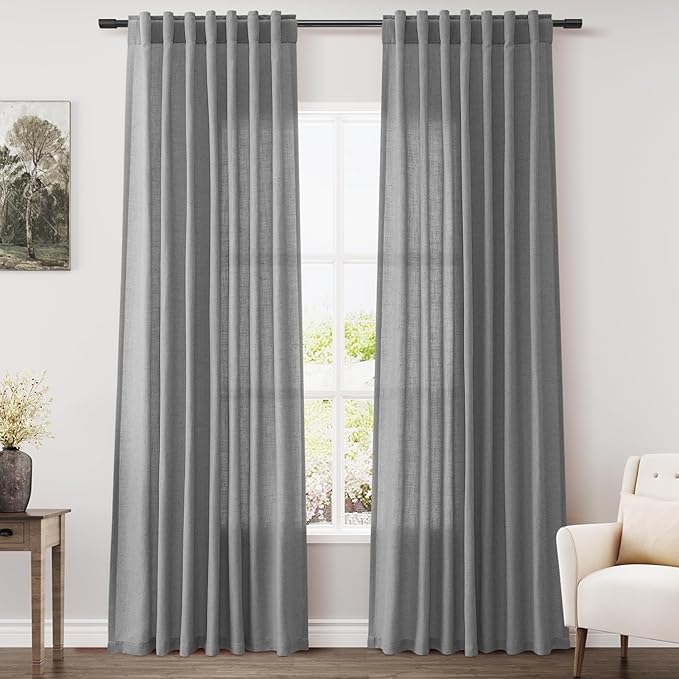 Nanspring Dark Grey Linen Curtains 80 Inches Long for Bedroom Rod Pocket Back Tab Light Filtering Semi Sheer Curtain Farmhouse Decor Linen Textured Drapes for Living Room 2 Panels Set 52x80