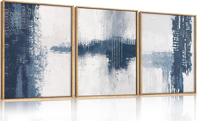 Abstract Navy Blue Grey Framed Canvas Wall Art Set,Modern Minimalist Wall Decor,Neutral Brush Stroke Artwork for Living Room,Bedroom,Dining Room,Office -12"x16"x3