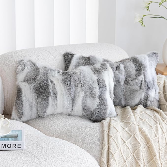 Genuine Rabbit Fur Pillow Covers Set of 2, Luxury Decorative Throw Pillowcases Fluffy Animal Skin Accents Bolster Cushion Cover for Couch Sofa Bedroom Living Room Home,12x20inch, Grey