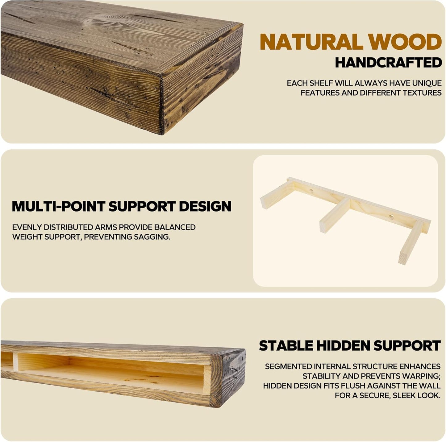 Floating Shelves 3 inch Thick for Wall Set of 2,Solid Pine Wood Wall Mount Shelf for Kitchen Living Room Bedroom Bathroom,8" D x 24" L x 3" H-Distressed Black Walnut