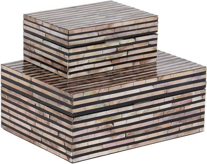 Deco 79 Mother of Pearl Shell Handmade Decorative Box Decorative Keepsake Boxes with Linear Mosaic Pattern and Hinged Lid, Set of 2 Storage Boxes 12", 8"W, Black