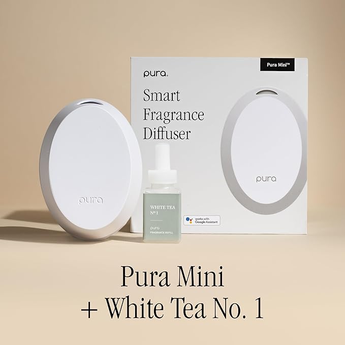 Pura Mini Smart Fragrance Diffuser for Small Spaces Adjustable Smart Home Device with LED Light & Automatic Vial Detection - Includes 1 Scent Refill - White Tea no.1