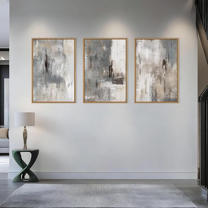 Large Abstract Neutral Gray Beige Framed Canvas Wall Art,Modern Minimalist Earth Tone Brushstroke Wall Decor,Vintage Rustic Color Block Artwork for Living Room,Bedroom,Farmhouse- 24"x36"x3