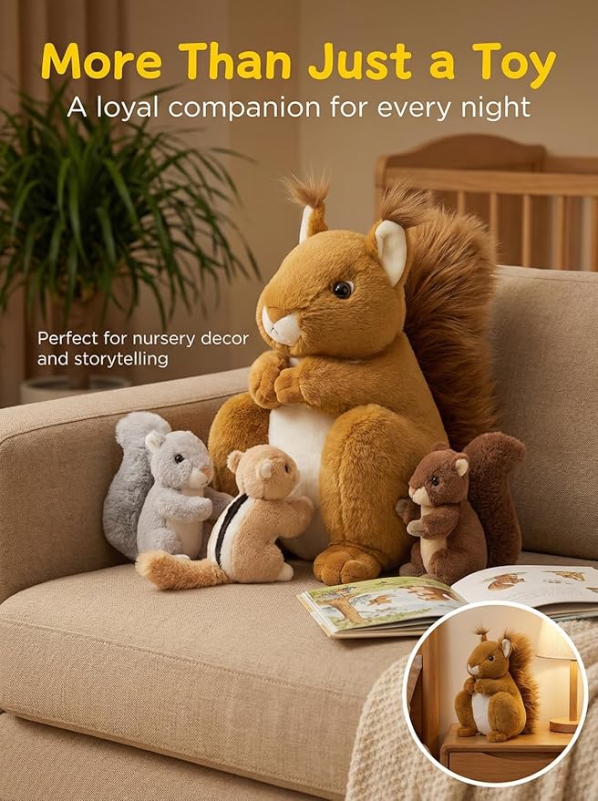 MaoGoLan 4Pcs Squirrels Plush Toys with 3 Baby Squirrels, Realistic Stuffed Animals for Small Hand, Adorable Squirrel Plushie Gift for Forest Animal Lover,Girls,Boys,Kids,Baby Shower,Brown