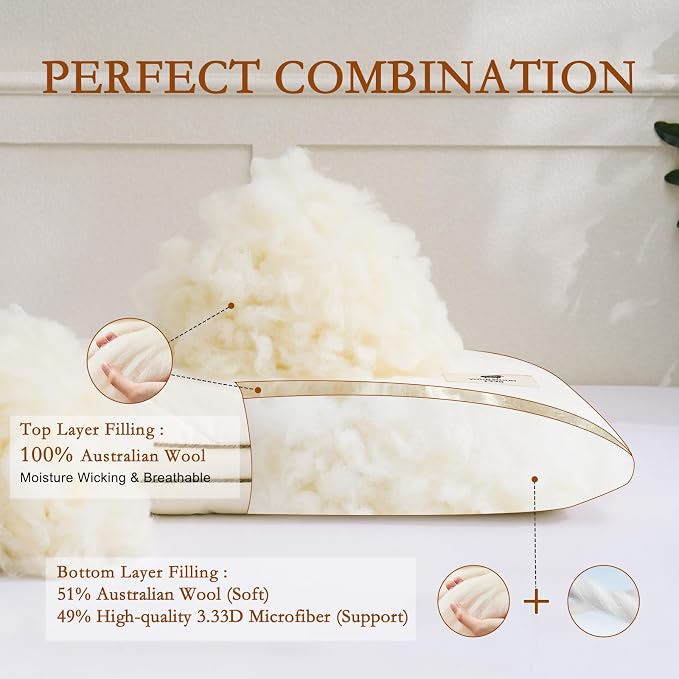 YOUR MOON Natural Wool Pillow Standard Size Set of 2, Flat & Thin Wool Pillow for Sleeping, Low-Loft Bed Pillows for Back and Stomach Sleepers, Breathable Cotton Cover(Off White)