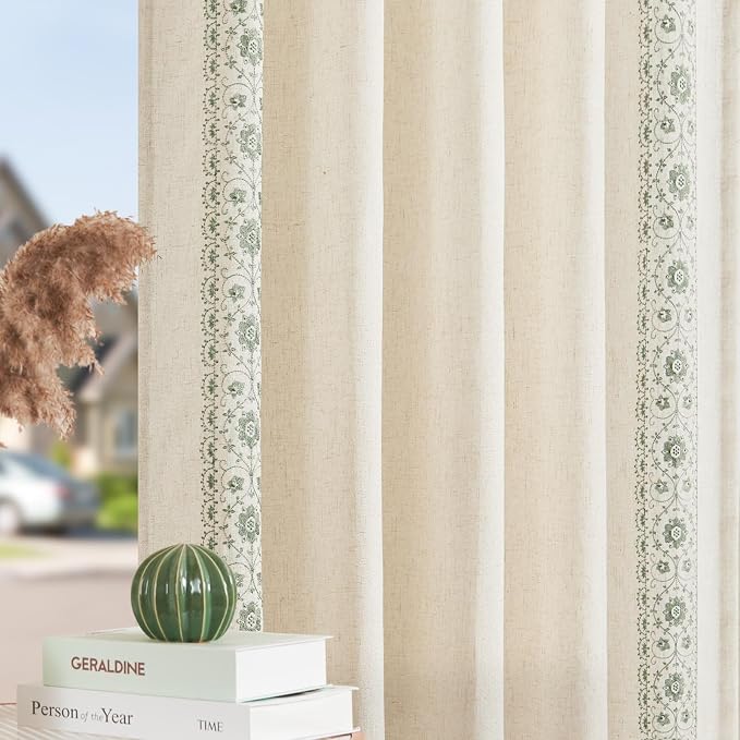 jinchan Weslie Boho Curtains for Bedroom 4 Panel Set Sage Green Vintage Floral Farmhouse Curtains 84 Inches Long Linen Drapes for Living Room Embroidered Light Filtering Drapes Sage on Beige