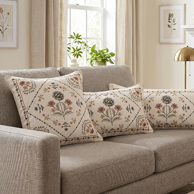 ISAENNE Designer Vintage Linen Throw Pillow Cover,18"x18"-Cornucopia B | Elegant French Square Pillow Cover,Concealed Zipper Design,Floral Pattern,Sofas,Bedroom,Living Room,Lounge Chairs