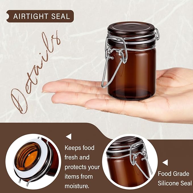 Norme 24 Pack 1.7oz Amber Airtight Mini Glass Jars with Lids, Cylinder Food Storage Container Airtight Food Wire Clip Fastening for Flour Kitchen Sugar Cereal Kitchen Canning Pickling Mason Jars