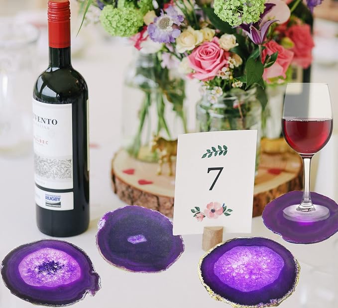 Natural Agate Coasters Set of 4, Dyed Purple 3-3.5" Geode Slices for Small Cups & Glassware, Unique Crystal Stone Decor with Rubber Bumpers