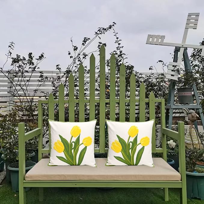 Pack of 2 Embroidered Decorative Throw Pillow Cover 18x18 Inch Farmhouse Floral Pillowcase for Living Room Sofa Bed (Yellow Tulip)