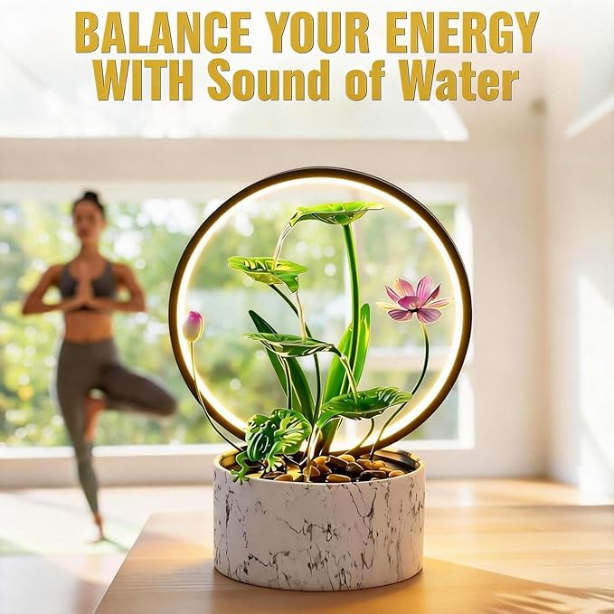 Qingyinge 15‘’H Green Small Water Fountain Indoor, Metal LED Light Relaxation Tabletop Fountain, for Meditation Yoga Spa Room Decor.