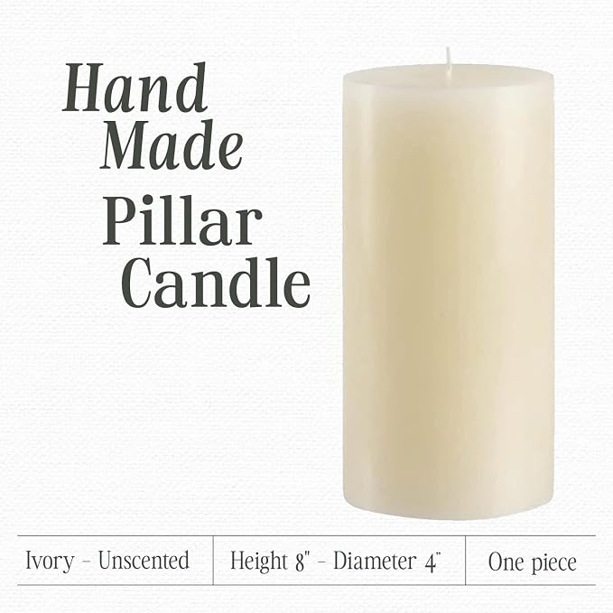 Mister Candle Non Scented Luxury 4 x 8 Pillar Candle, Hand Poured Ivory Unscented Candle for Home Decor, Premium Wax, Smokeless & Dripless, 160 Hour Burn Time