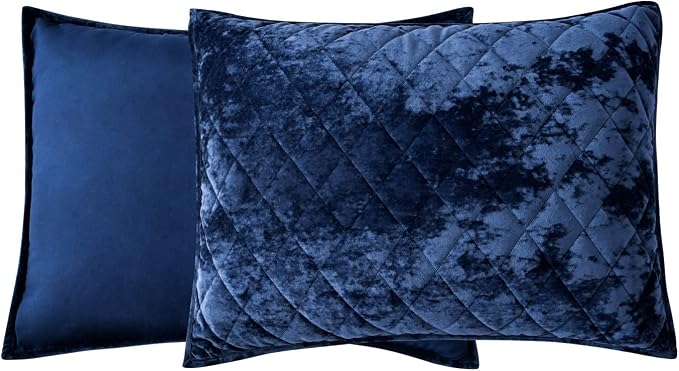 Fredsure Distressed Velvet Quilt Set, 3 Pieces Navy King, Distressed Velvet Face and Brushed Microfiber Reverse with Diamond Quilting