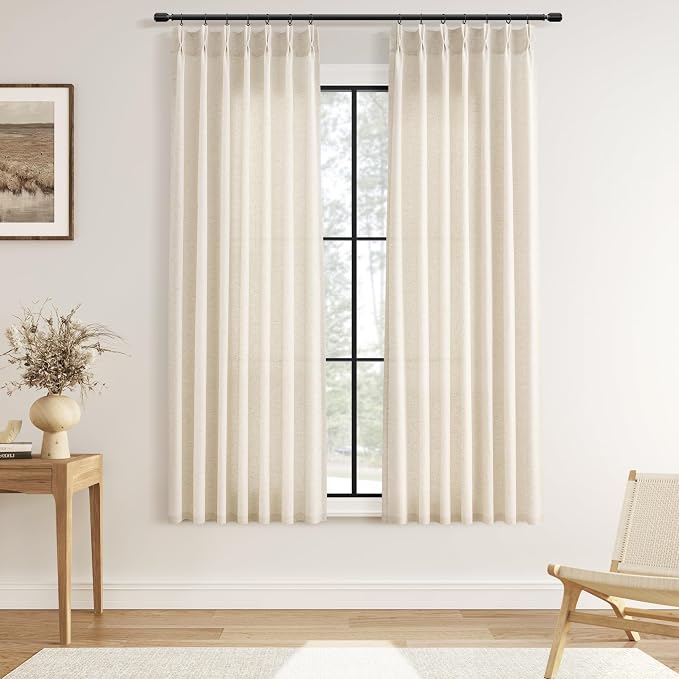 Guken Pinch Pleated Linen Curtains 63 Inch 2 Panels for Living Room Bedroom Natural Cream Semi Sheer Light Filtering Modern Farmhouse Window Treatment Drapes for Kitchen 63 Inches Long Beige Ivory