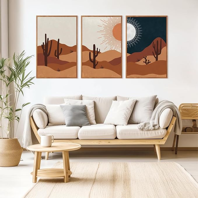 LHIUEM Boho Desert Framed Canvas Wall Art,Abstract Sun Moon Wall Decor,Modern Cactus Landscape Painting,Mid Century Southwestern Artwork for Living Room,Bedroom,Dining Room -24"x36"x3