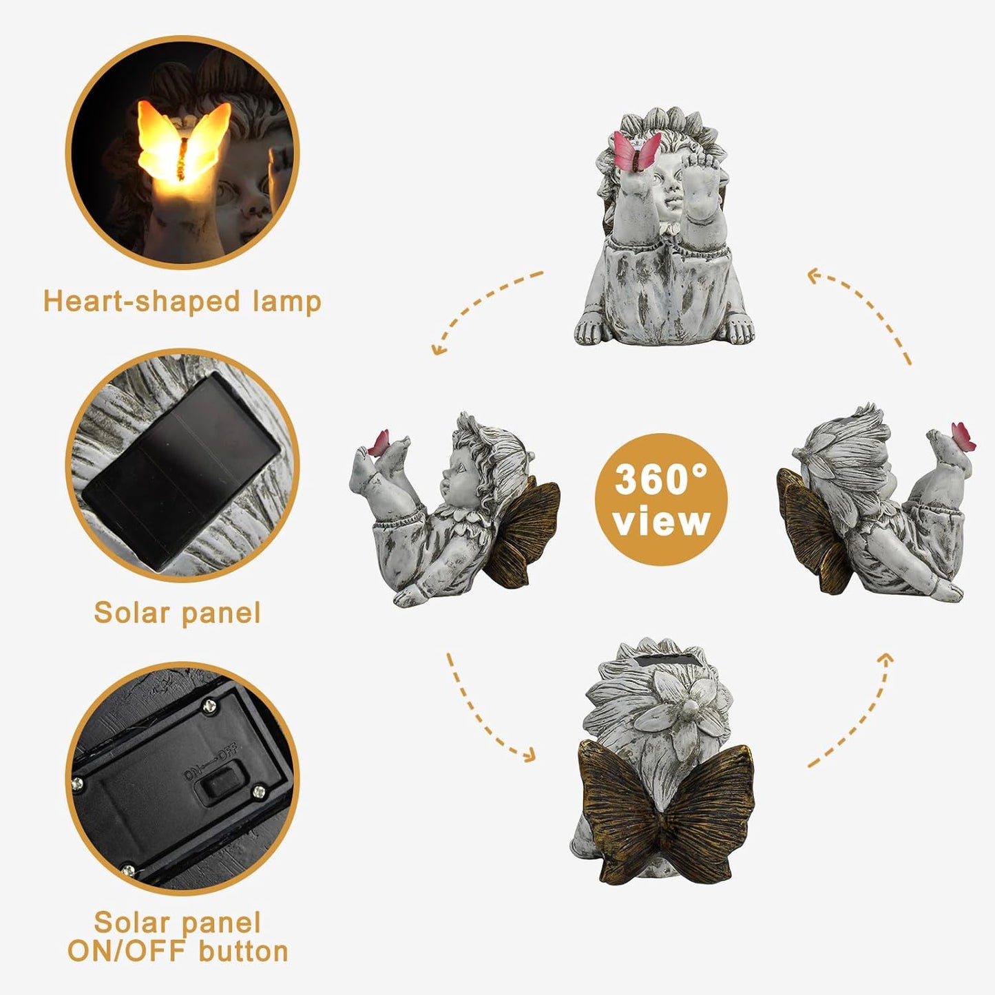 Garden Fairy Outdoor Solar Decor, Resin Ornaments for Patio Lawn Yard Porch, Playful Garden Flower Fairy Statues for Outside Angel Gifts, 7.91 Inches Tall