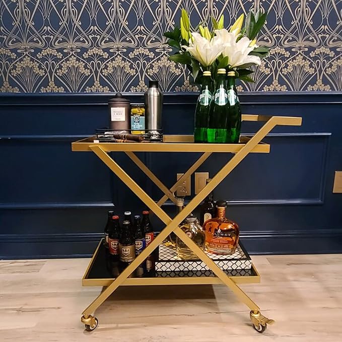 Crofy Gold Finish Bar Cart on Wheels, No-Tool Assembly 2-Tier Serving Cart with Black Tempered Glass Shelves & Locking Casters - Mobile Snack/Drink Cart for Home Bar, Kitchen, Parties