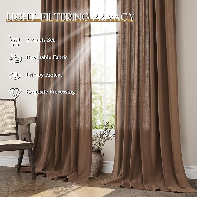 Jowels Caramel Brown Linen Curtains 90 Inch Long 2 Panels for Living Room | Light Filtering Semi Sheer Curtain, Back Tab Pocket Pleated Look, Boho Farmhouse Textured Privacy Drapes for Bedroom Window
