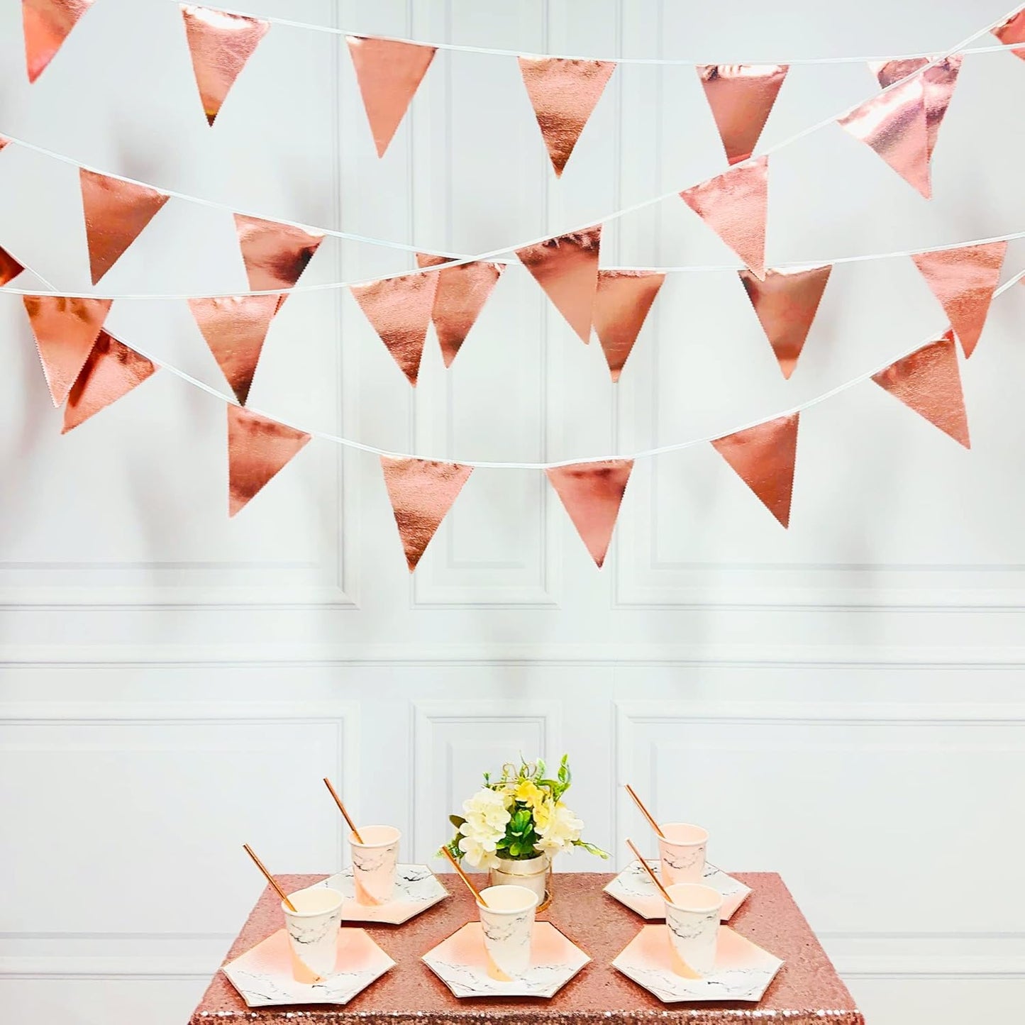 Rose Gold Party Decorations Metallic Fabric Triangle Pennant Banner Blush Pink Flag Bunting Garland for Wedding Birthday Anniversary Bridal Shower Engagement Graduation Hen Party Decorations Supplies