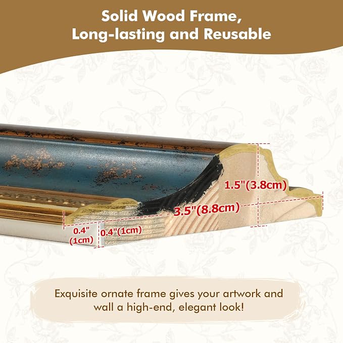 Antique French Painting Frame for 18x24 Stretched Canvas, 3.5" DIY Wood Wall Frame for Landscape Family Animal Memorial Portraits Wedding Housewarming Gift, No Glass & Back (Blue Gold)