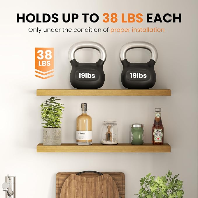 Fun Memories Floating Shelves for Wall, 32 Inch Set of 2 Rustic Wood Wall Shelves with Invisible Brackets, Heavy Duty Storage Display for Living Room Bedroom Kitchen, Oak
