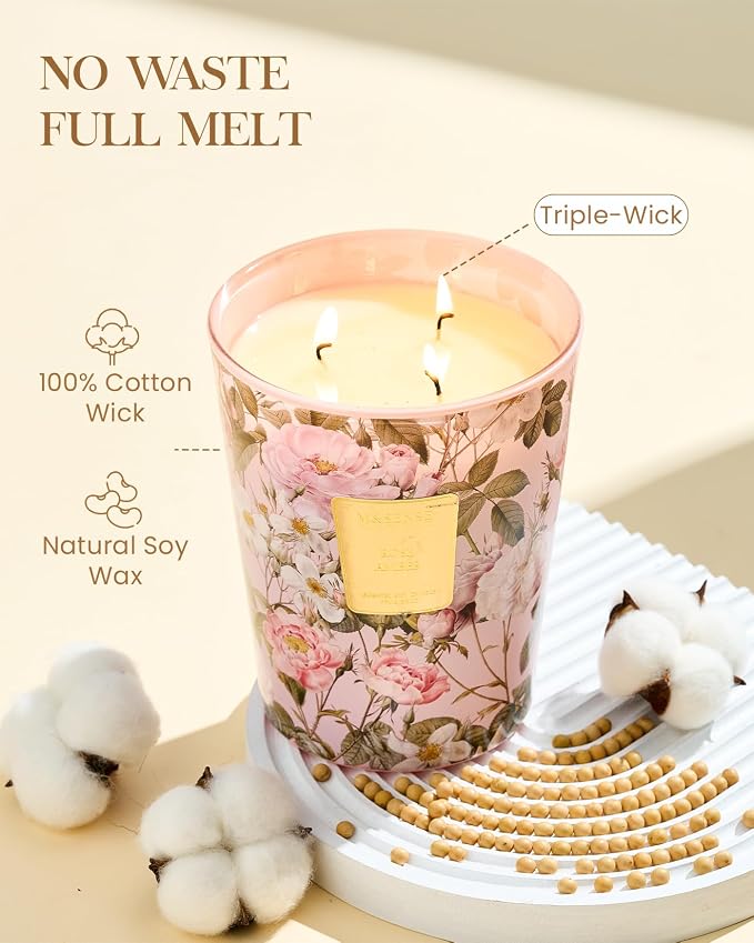 M&SENSE Rose Amber Soy Candle, 35oz 3-Wick, Romantic Women's Gift | 150H Long Burn, Non-Toxic, Large Jar, Anniversary Evening, Bedroom Romance Home Fragrance, Stress Relief Housewarming Gifts