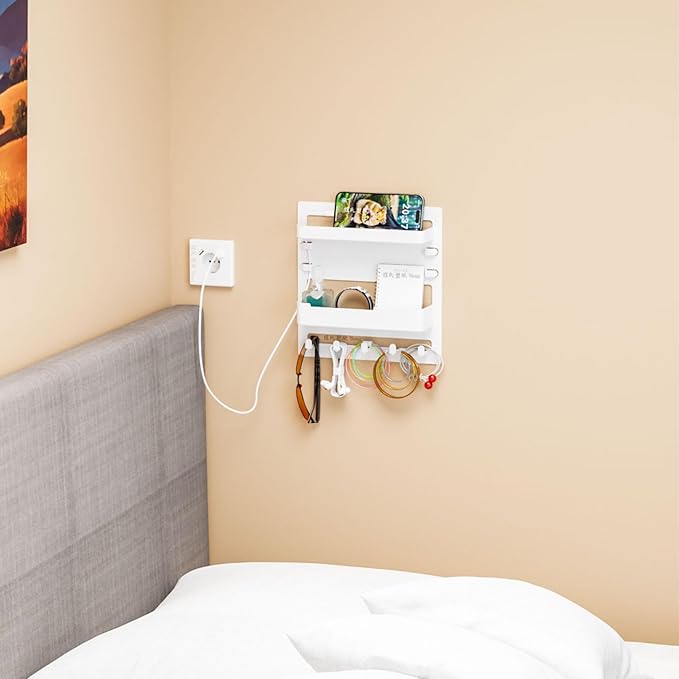 Yieach Bedside Wall Organizer for Dorm Bed,Rv,Small Room and Nightstand,Wall Mounted Floating Shelves and Bedside Shelf for Remote,Phone Holder,Charging Shelf,Cute Bedroom Decor for College Girl,White