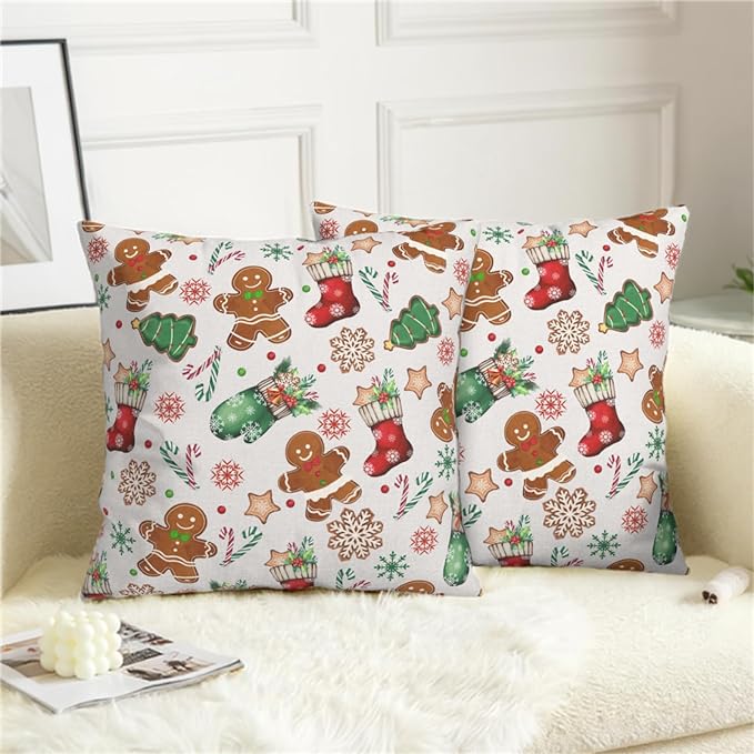 Christmas Pillow Covers 20x20 Set of 2 Gingerbread Man Throw Pillow Covers Xmas Tree Socks Gloves Snowflakes Pillow Case for Holiday Decor Couch Sofa