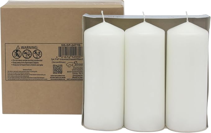 Stonebriar Tall 3 x 8 Inch 80 Hour Long Burning Unscented White Wax Pillar Candles, 3 Count (Pack of 2)