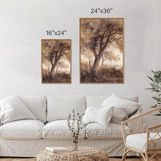 Rantodecor Vintage Landscape Framed Canvas Wall Art Triptych, Rustic Tree Sketch Wall Decor, Large Claming Nature Forest Art Paintings, Modern Relax Farmhouse Artwork for Bedroom Living Room 24"x36"x3