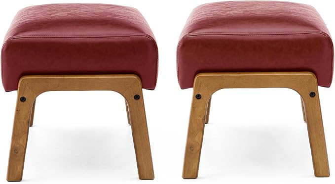 Glitzhome 2 Set Foot Stool Ottoman, Modern Leatherette Sofa Stool Vanity Chair with Rubber Wood Frame, Footrest Ottoman Bench for Living Room, Entryway, Wine Red