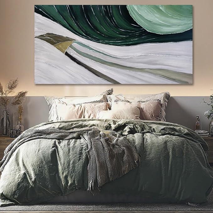 MLART99 Large Abstract Wave Painting Green and White Modern Canvas Wall Art Painted Line Texture for Bedroom Living Room Home Decor 29x58 Inch