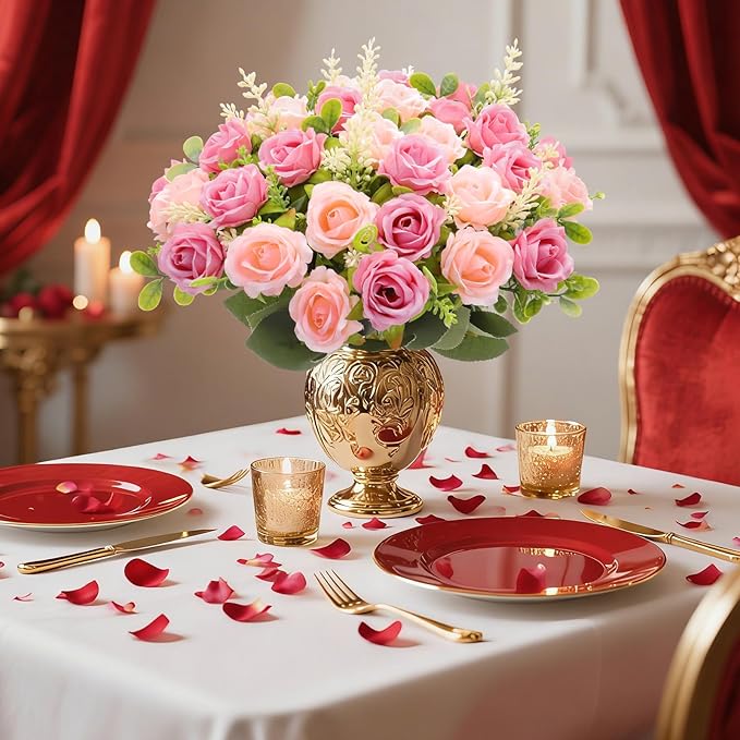 TURNMEON 40 Heads Fake Roses Artificial Flowers for Outdoors Summer Decor, 4 Bouquets UV Resistant Fake Flower Bouquet Faux Silk Roses for Wedding Birthday Party Home Mother's Day Cemetery Decor(Pink)