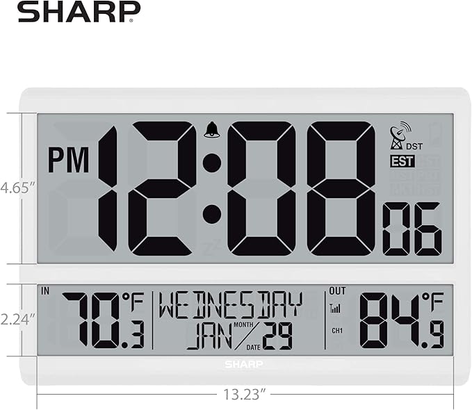 Sharp Atomic Clock - Never Needs Setting! –Easy to Read Numbers - Indoor/Outdoor Temperature, Wireless Outdoor Sensor - Battery Powered - Easy Set-Up (4" Numbers)