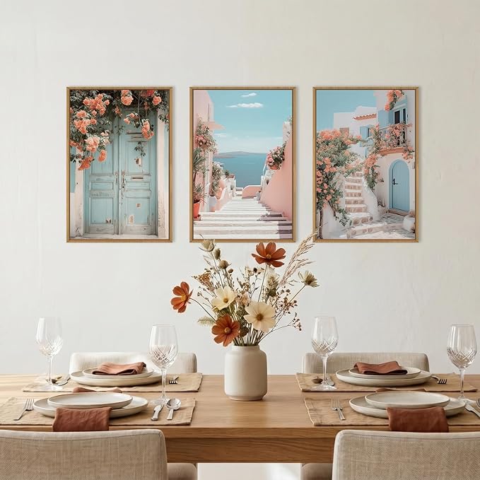 KAIRNE Italy Amalfi Coast Cityscape Framed Canvas Wall Art Set,Neutral Italian Mediterranean Wall Decor,Greece Island Landscape Wall Painting,Florida Beach Artwork for Living Room,Bedroom-16 x24 x3