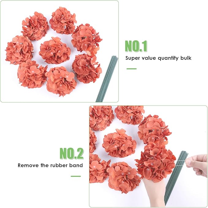AVIVIHO 65pcs Fake Flowers Burnt Orange Hydrangea Artificial Flowers Bulk (Not Squished, No Steaming Need) Silk Flowers with Stems for Wedding Decor,Home,Baby Shower,Table Centerpieces Decoration