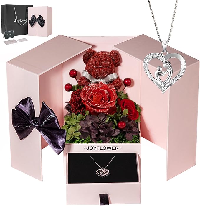 JoyFlower Preserved Flowers with Necklace Gifts for Mom, Unique Pearl Rose Eternal Flower Bear with Necklace Gift for Grandma, Preserved Real Red Roses Birthday for Mother Grandma