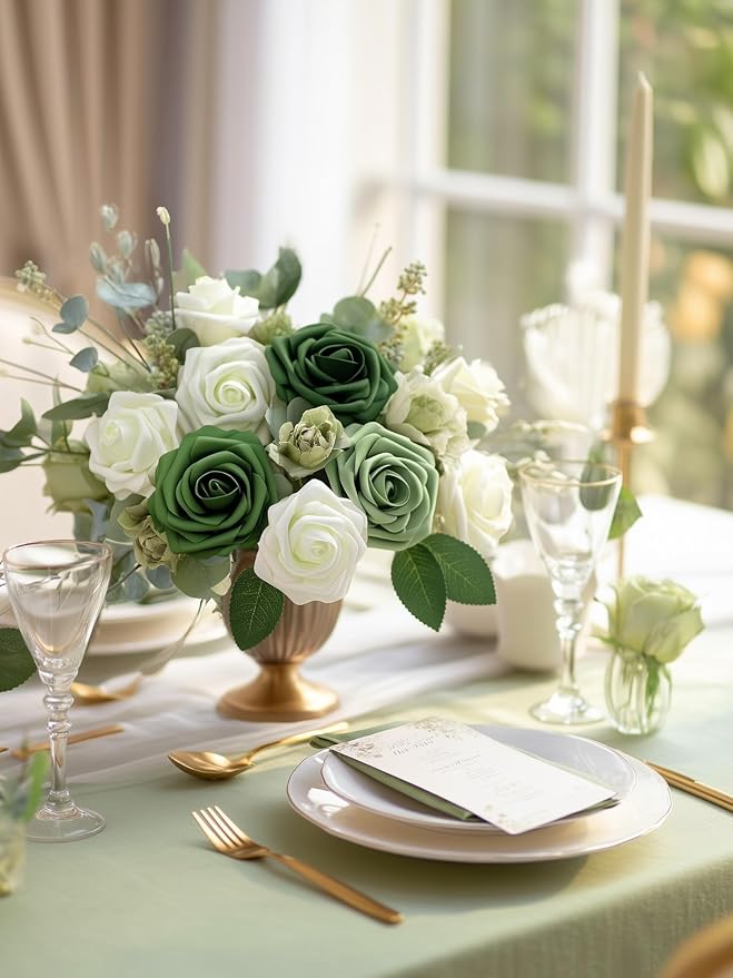 InnoGear Artificial Flowers, 50 Pcs Shades of Forest Green Rose Foam Fake Roses Bulk with Stems for Spring St. Patrick's Decoration DIY Wedding Bouquets Centerpieces Bridal Shower Party