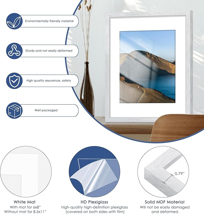 PEALSN 11x14 Picture Frame Set of 6, Display Pictures 8x10 with Mat or 11x14 without Mat for Wall Mounting or Table Top Display, Photo Frames Collage for Wall Decor, Silver