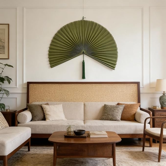 ChumDecor Fan Wall Decor, Japanese Giant Fan, Large Bamboo Fan Wall Art For Boho Hanging Headboard, Decorative Folding Fans For Over Bed, Asia Trending (Army Green 60inch)