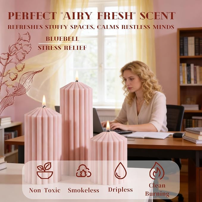 Pink Ribbed Pillar Candle Set of 3 - Wild Bluebell Scented Soy Wax Candle,Aesthetic Decorative Textured Pillar for Home Decor-2.8x4,6,8in Long Lasting Fragrance for Home Decor,Gifts,Spa,Wedding